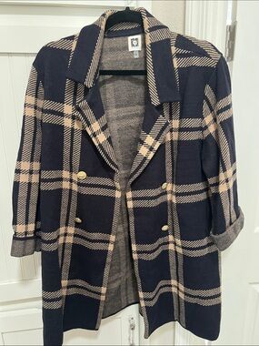 Anne Klein Navy and Tan Plaid Double-Breasted Blazer